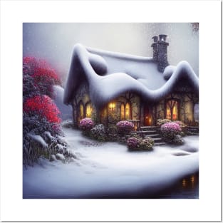 Magical Fantasy House with Lights in a Snowy Scene, Fantasy Cottagecore artwork Posters and Art